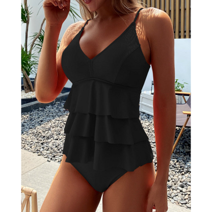 Anne – Enfärgad Tankini med Volanger