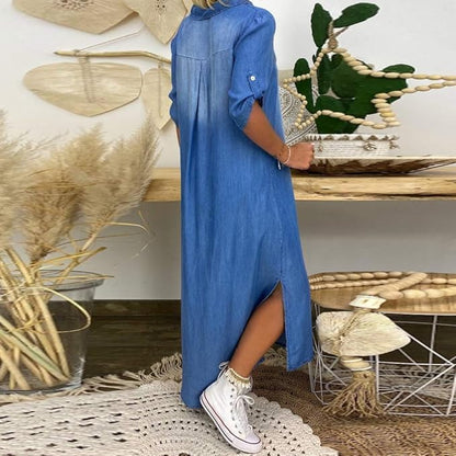 Torilda | Sommar V-ringning Halv Denim Klänning