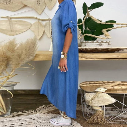 Torilda | Sommar V-ringning Halv Denim Klänning