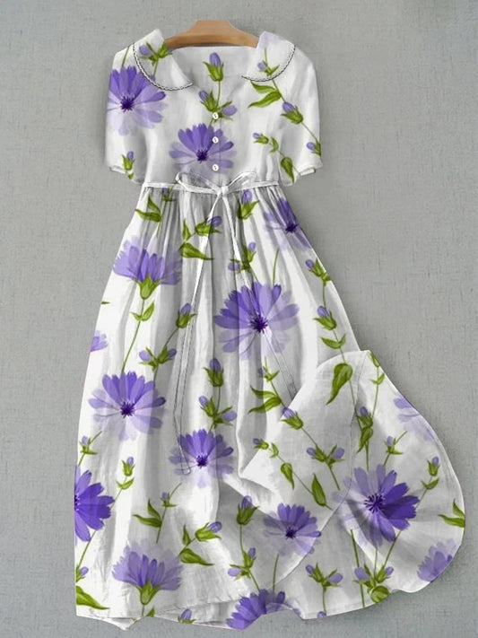 Sage - Retro Snøring Midjemodell Halv Ärm Blommönstrad Klänning