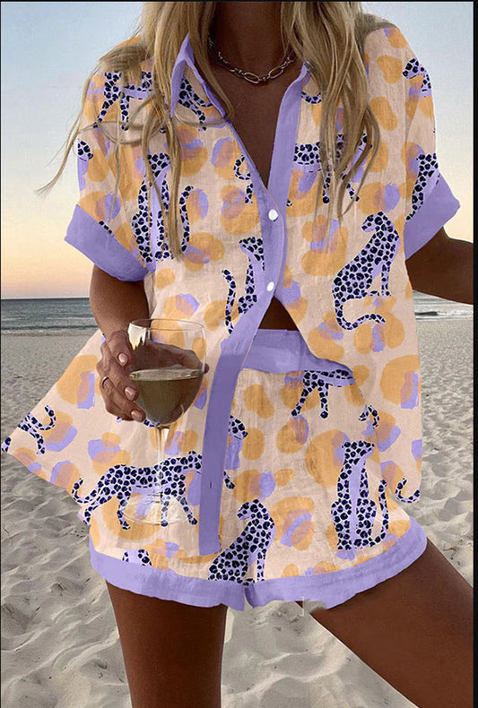 Nanon | Kort set i lin med leopardmönster