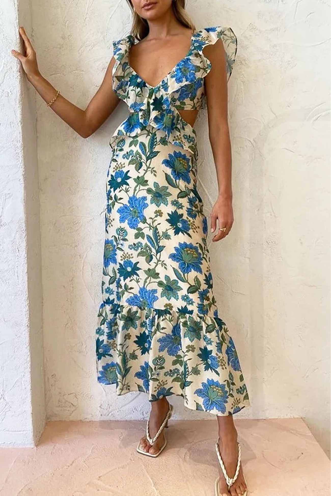 Ariella - Blomstrande Volangklänning